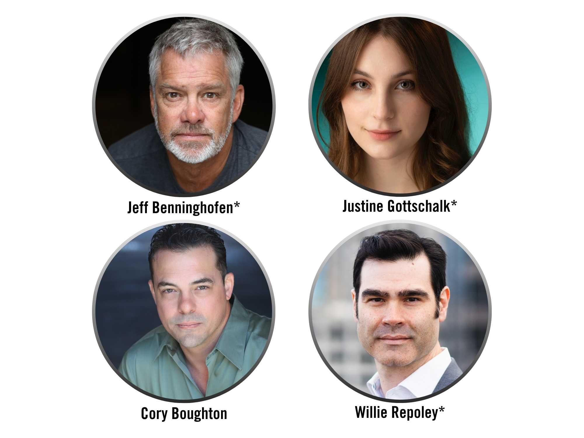 Is This a Room cast photos: Jeff Benninghofen*, Justine Gottschalk*, Cory Boughton, and Willie Repoley*. Note: * denotes members of the Actors' Equity Association